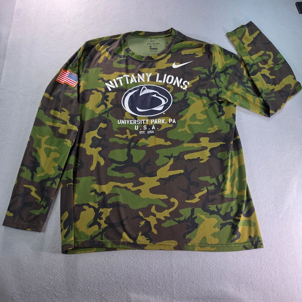 Nike Penn State Nittany Lions Camo Long Sleeve Dri-FIT Shirt Mens XL US Flag
